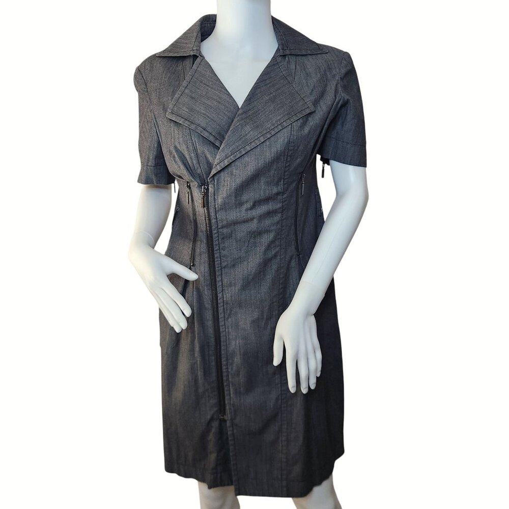 Vintage Black Denim Short Sleeve Zip Up Dress Notched Collar & Zipper Details
